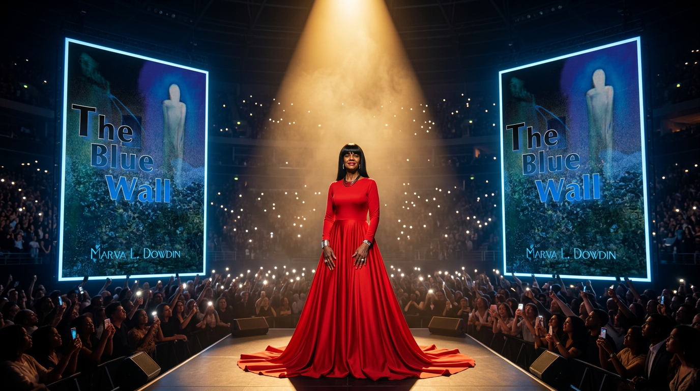 Marva L. Dowdin on stage in a red dress between two towering Blue Wall book covers